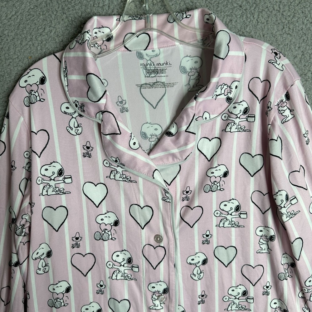 Munki Munki Peanuts Snoopy‎ Pajama Top L Pink Hearts Striped Button Shirt NWT